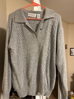 Angora Wool Gray Cable-Knit Polo Sweater